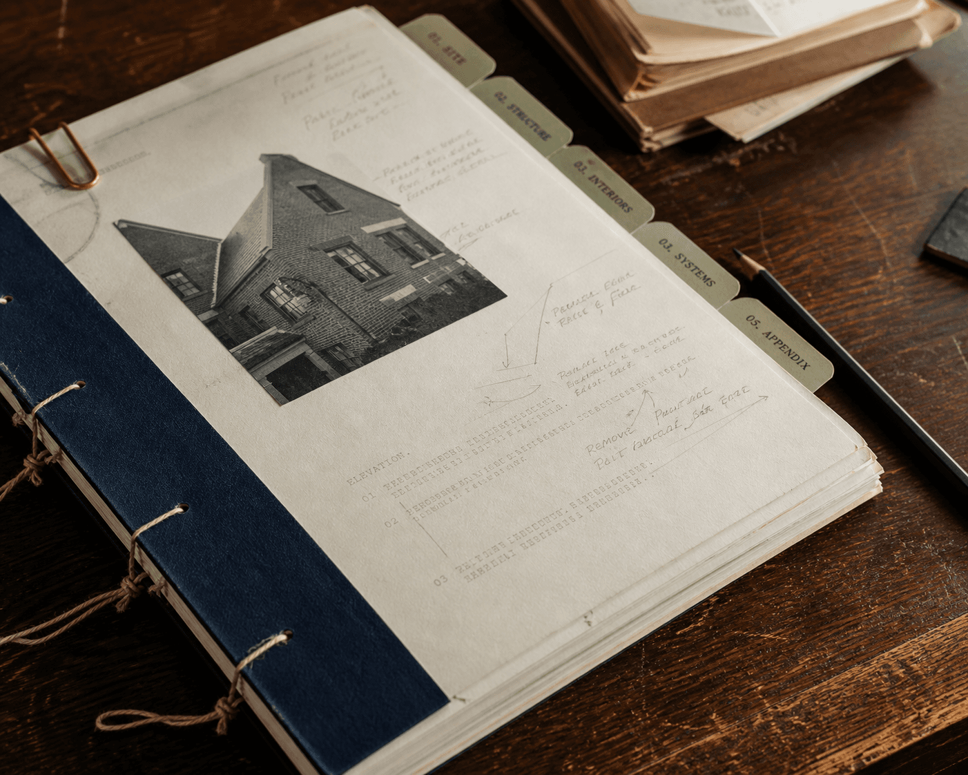 A hand-bound property evidence package with review notes